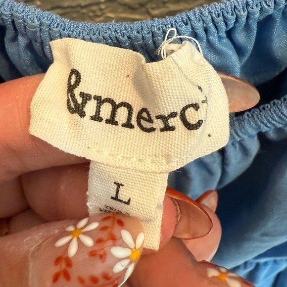 & Merci Sidney Blue Mini Ruffle Dress Size Large Cotton Boho Puffy Sleeve - Picture 3 of 3